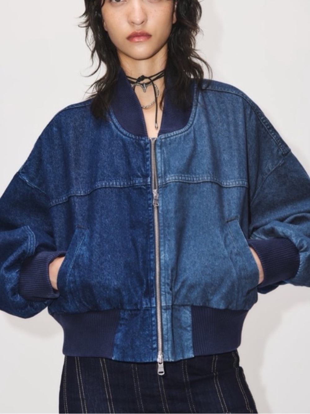 ZARA Contrast Denim Oversized Bomber Jacket in Blue - S